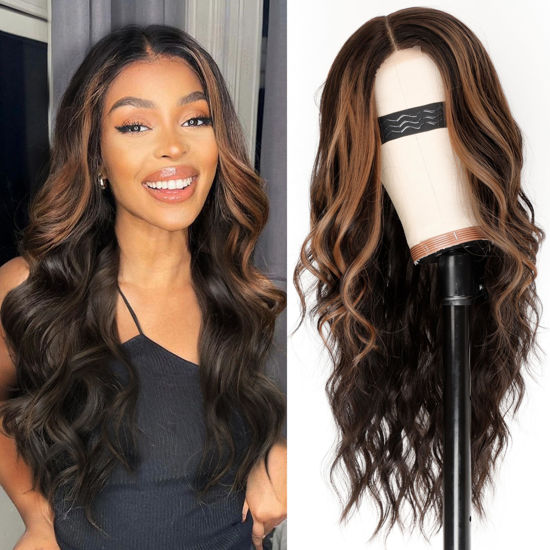 Picture of AISI HAIR Dark Brown with Highlights Wig for Women, Long Wavy Lace Hairline Middle Part Synthetic Heat Resistant Wig for Daily Party-26 Inch