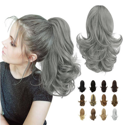 Picture of SOFEIYAN 13" Ponytail Extension Long Curly Ponytail Clip in Claw Hair Extension Natural Synthetic Hairpiece for Women, Grey Darker