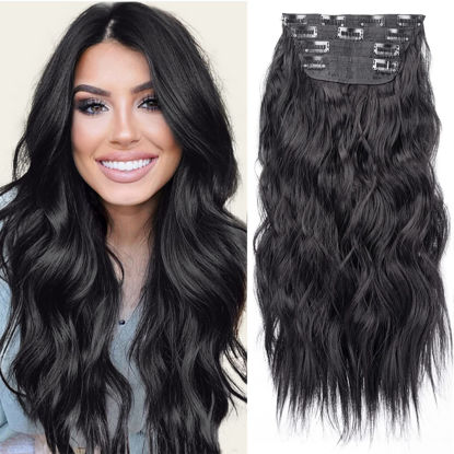 Picture of Black 20 Inch Thick Hairpieces Long Wavy Natural Synthetic Clip in Hair Extensions, for Women (4pcs, 20Inch, 1B#)