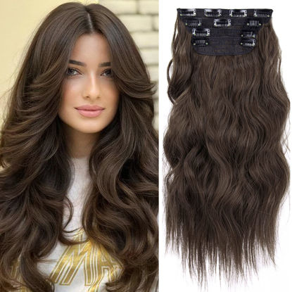 Picture of Double Weft Synthetic Hair Extension 4PCS Thick Hairpieces Clip in Long Wavy Hair Extensions Chestnut Brown 20 Inch (4pcs, 20Inch, 8/10#)