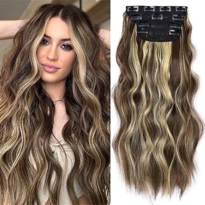 Picture of Clip in Synthetic Hair Extensions Long Wavy 4PCS Thick Hairpieces Blonde Highlighted Medium Brown Fiber Double Weft Natural Hair Extensions 20 Inch for Women (4pcs, 20Inch, 86H10#)