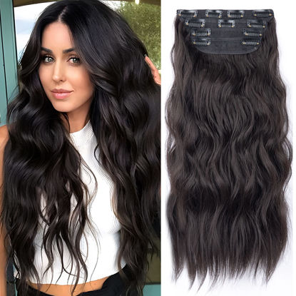 Picture of Clip in Synthetic Hair Extensions Long Wavy 4PCS Thick Hairpieces Dark Brown Fiber Double Weft Natural Hair Extensions 20 Inch for Women (4pcs, 20Inch, 6A#)