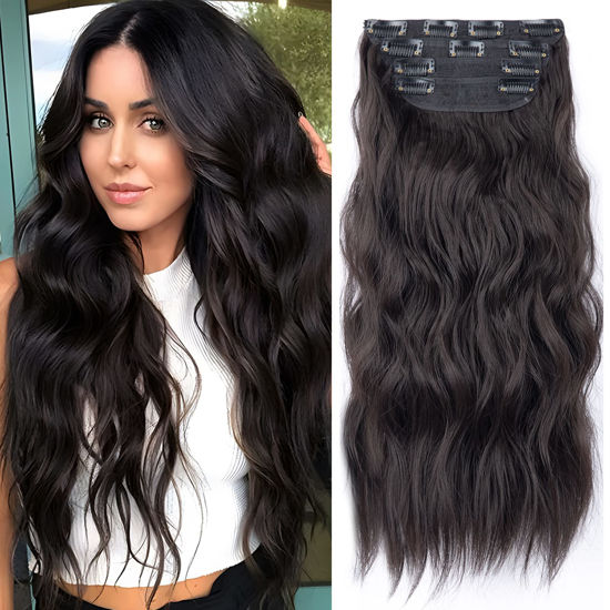 Picture of Clip in Synthetic Hair Extensions Long Wavy 4PCS Thick Hairpieces Dark Brown Fiber Double Weft Natural Hair Extensions 20 Inch for Women (4pcs, 20Inch, 6A#)