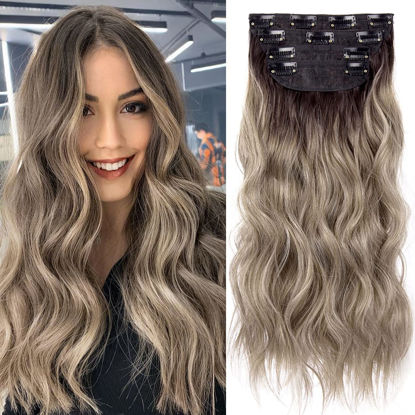 Picture of 4PCS 20 Inches Long Blonde Hair Extensions Clip in Synthetic Hair Extensions Soft Wavy Hair Extensions for Women (Ombre Chocolate Brown Mix Ash Blonde, R6/88#)