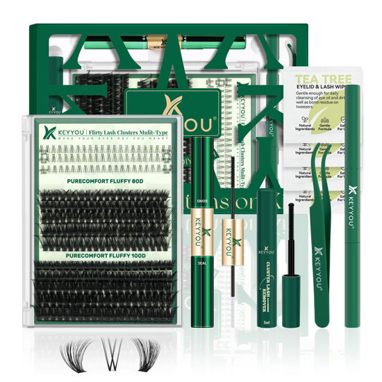Picture of KEYYOU Lash Extension Kit with Bottom Lashes Mixed 5-18mm 80D 100D Eyelash Extension Kit Multi-Type Lash Clusters with Bond and Seal Applicator Remover DIY at Home