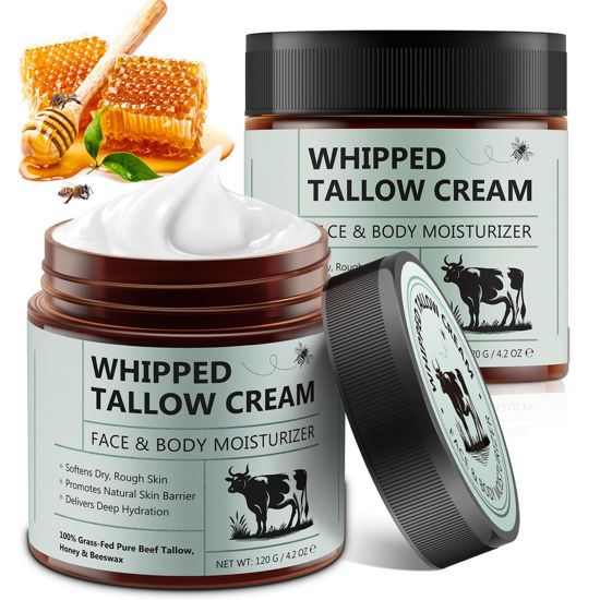 Picture of Beef Tallow for Skin, 2PCS Tallow and Honey Balm, Beef Tallow for Face, Organic Grass Fed Whipped Beef Tallow with Honey Beeswax, Deeply Moisturizing for Face Body, Unscented Fast Absorption, 4.2 Oz