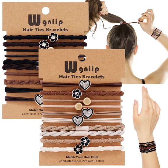 Picture of Wgniip 20 Pcs Boho Hair Ties for Women with Decoration, Hair Tie Bracelet for Thin and Thick Hair, No Damage Nylon Elastics, Gray Black Brown, 20 Count
