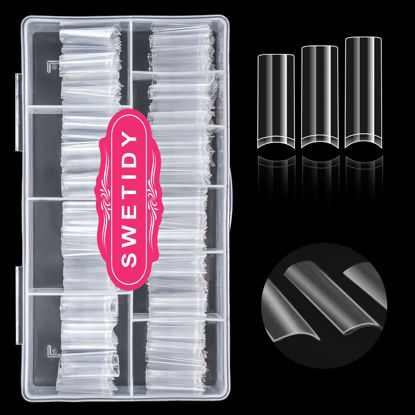 Picture of Clear Acrylic Square Nail Tips, SWETIDY 500pcs No C Curve XL Long Square Shaped Straight Fake Nails Flattened Half Cover Artificial Nails with Box for Nail Salon Professional and DIY Nail Art 10 Sizes
