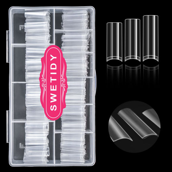 Picture of Clear Acrylic Square Nail Tips, SWETIDY 500pcs No C Curve XL Long Square Shaped Straight Fake Nails Flattened Half Cover Artificial Nails with Box for Nail Salon Professional and DIY Nail Art 10 Sizes