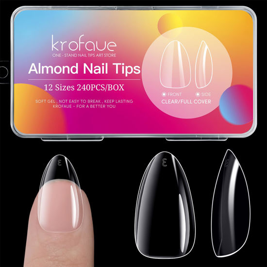 Picture of krofaue Short Almond Nails - 240Pcs Almond Clear Nail Tips 12 Sizes Almond Nail Tips, Artificial Acrylic False Nails, Full Cover Press on Nails Almond for Home DIY & Nail Tips Art