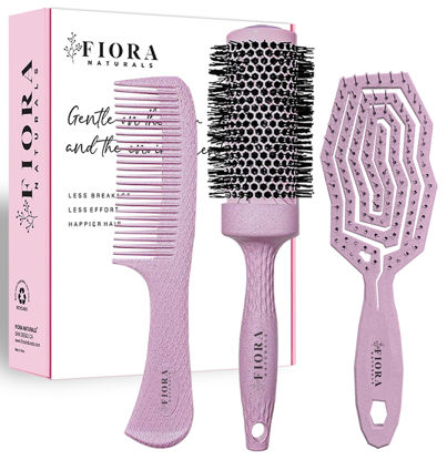 Picture of Hair Brush Set For Women - Fiora Naturals Hair Detangler Brush, Round Brush, and Comb Set - Bio-friendly Hairbrushes for Detangling and Blow Drying - For All Hair Types, Natural, Fine & Curly.