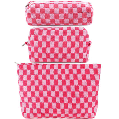 Picture of ZLFSRQ 3Pcs Checkered Makeup Bag for Women Large Cosmetic Bag Set Travel Toiletry Bag Makeup Pouch Bag for Purse Pink Zipper Storage Bag Organizer Cute Small Aesthetic Girls Car Essentials Bag