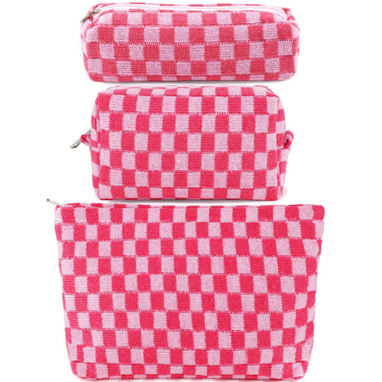 Picture of ZLFSRQ 3Pcs Checkered Makeup Bag for Women Large Cosmetic Bag Set Travel Toiletry Bag Makeup Pouch Bag for Purse Pink Zipper Storage Bag Organizer Cute Small Aesthetic Girls Car Essentials Bag