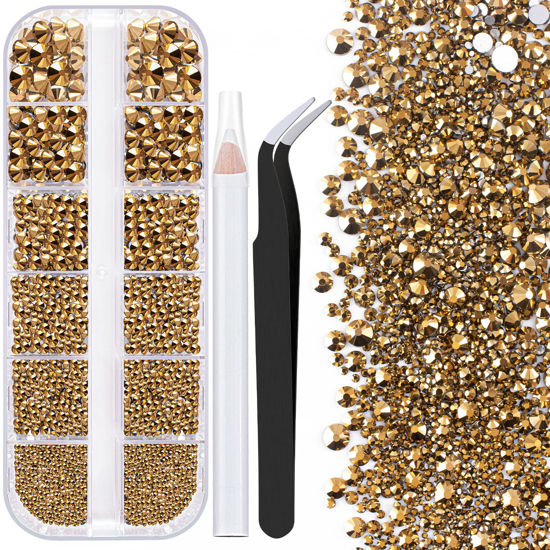 Picture of One Pack 2000 Pcs of Flatback Round Mineral Gold Rhinestones 6 Sizes (1.5-6 mm) with Nail Art Rhinestone Picker Pencil And Tweezers For DIY And Salon Use