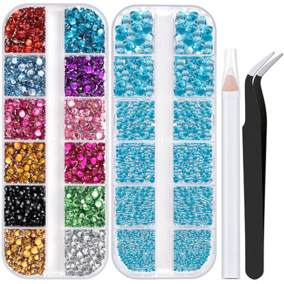 Picture of Two Packs of Flatback Rhinestones 4520 Pcs Colorful Nail Art Rhinestones Flatback Crystal Colorful+Lake Blue Rhinestone with Picker Pencil and Tweezer For Nail Art and Decoration