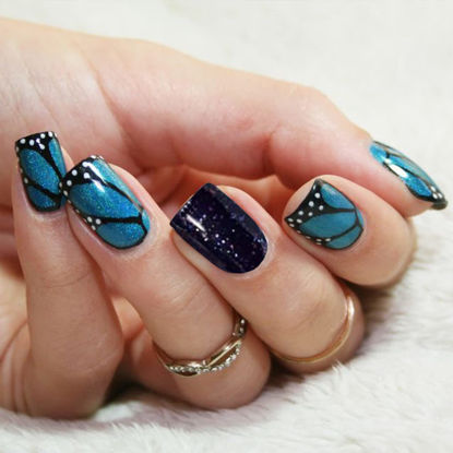 Picture of Black Press on Nails Short Square Shape, GLAMERMAID Blue Fake Nails with French Tip Design Y2K Butterfly Medium Glue on Nails for Women, Acrylic False Nail Kits Reusable Stick on Nails Full Cover Static Nails
