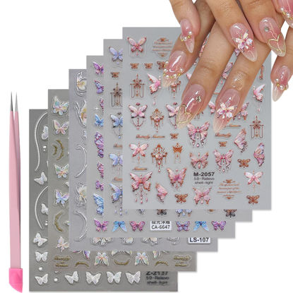 Picture of VOTACOS 6 Sheets Butterfly Nail Art Stickers Decals 5D Embossed Nail Decals Spring Blue Pink Butterfly Nail Design Self-Adhesive Nail Supplies Accessories 3D Nail Stickers for Women Nail Decoration