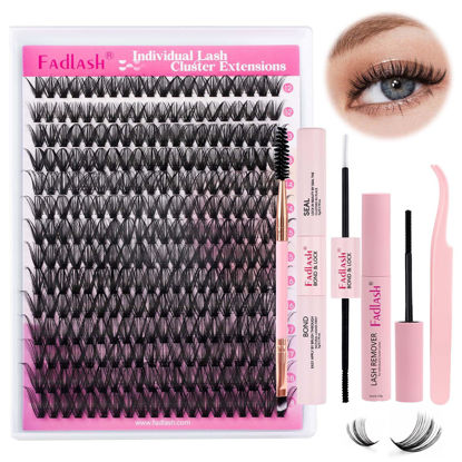 Picture of FADLASH DIY Lash Extension Kit Individual Lashes Cluster D Curl Eyelash Extension Kit D Curl Lash Clusters Lash Applicator Tool for Self Application at Home(KIT 40D-D-12-18mm)