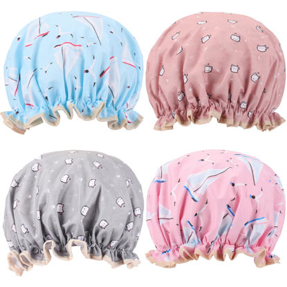 Picture of 4 Pcs Shower Caps Hat for Women and Girl, Reusable Waterproof Bath Cap Double Waterproof Layers Cat and Boat Pattern