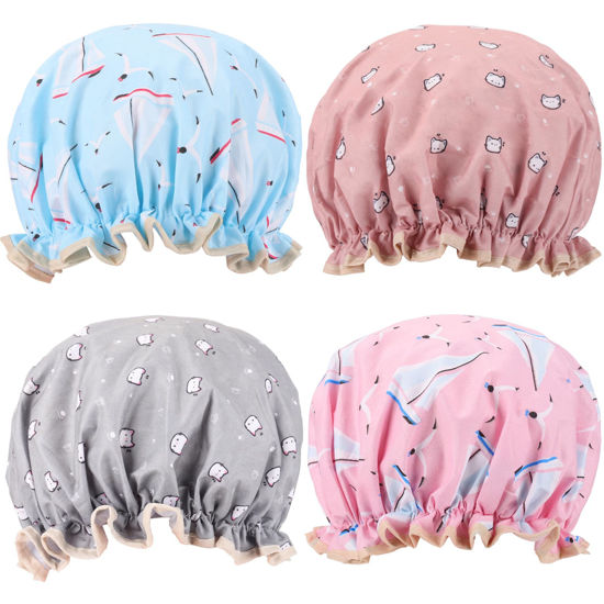 Picture of 4 Pcs Shower Caps Hat for Women and Girl, Reusable Waterproof Bath Cap Double Waterproof Layers Cat and Boat Pattern