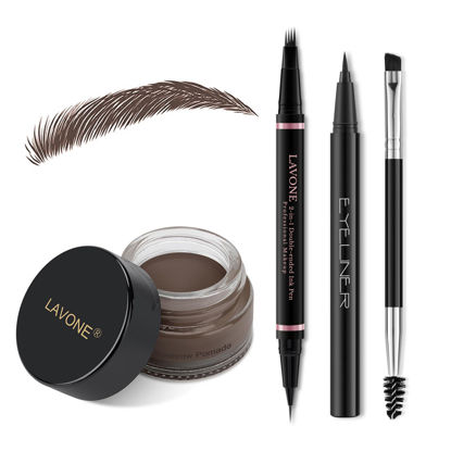 Picture of Eyebrow Pencil Makeup Kit, with Waterproof 2-IN-1 Microblading Eyebrow Pen, Eyebrow Pomade, Eyeliner and Dual-ended Eyebrow Brush, Brow Pencil Kit for Natural Eyebrows - Black Brown