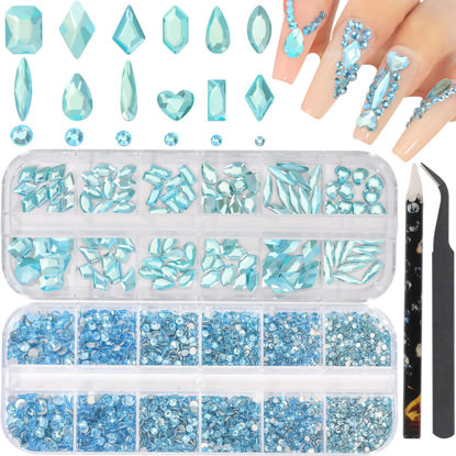 Picture of HNUIX Nail Rhinestones - 2920pcs 3D Multi Shape Size, Aquamarine Nail Gems, Flat Back, with Kit, for Nail Art, DIY Decorations