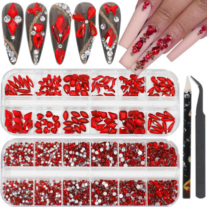 Picture of HNUIX Nail Rhinestones - 2920pcs 3D Multi Shape Size, Red Nail Gems, Flat Back, with Kit, for Nail Art, DIY Decorations