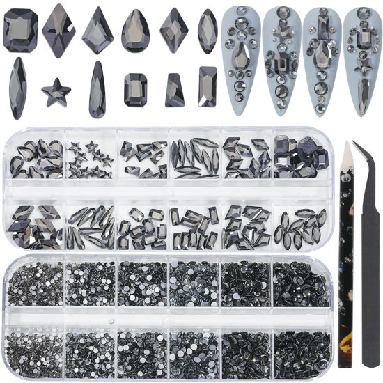 Picture of HNUIX Nail Rhinestones - 2920pcs 3D Multi Shape Size Crystal, Transparent Gray Nail Gems, Flat Back, with Kit, for Nail Art, DIY Decorations