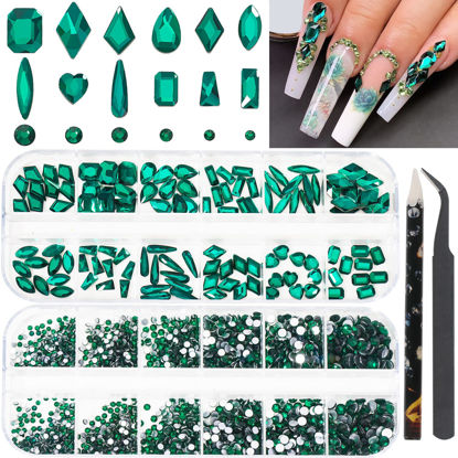 Picture of HNUIX Nail Rhinestones - 2920pcs 3D Multi Shape Size, Emerald Green Nail Gems, Flat Back, with Kit, for Nail Art, DIY Decorations