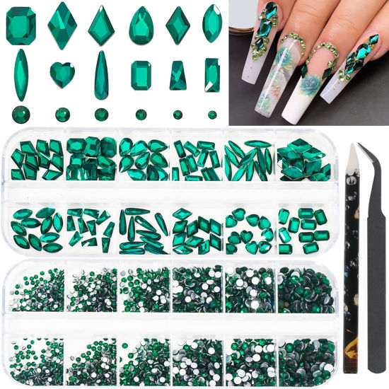 Picture of HNUIX Nail Rhinestones - 2920pcs 3D Multi Shape Size, Emerald Green Nail Gems, Flat Back, with Kit, for Nail Art, DIY Decorations
