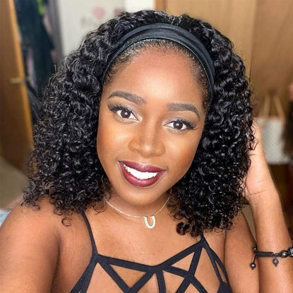 Picture of XSY Headband Wig Human Hair Deep Wave Headband Wigs for Black Women None Lace Front Wigs Virgin Curly Human Hair Wigs 150% Density (12 Inch, Natural Color)
