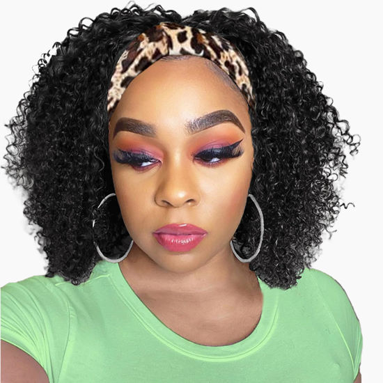 Picture of Headband Wig Human Hair Deep Wave 10 inch None Lace Front Wig Human Hair Machine Made Wigs Glueless Curly Hair Headband Half Wigs for Black Women Human Hair Natural Color