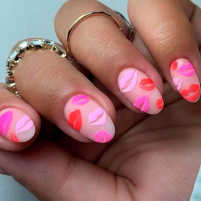 Picture of SINSEN Valentine’s Day Press on Nails Medium - Almond Press on Nails with Lips Designs, Glossy Red Pink Fake Nails with Glue Tabs, Reusable Stick on Nails in 12 Sizes, 24 Pcs Valentine Fake Nails Kit