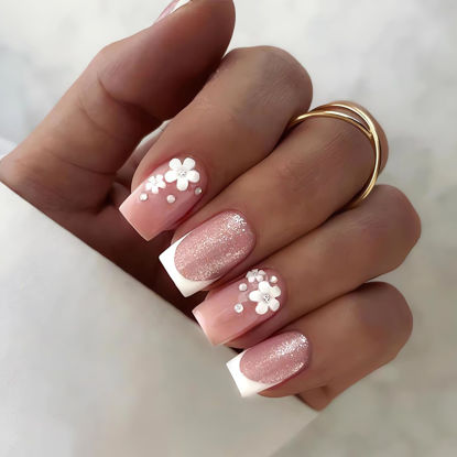 Picture of SINSEN Pink Press on Nails Medium - French Tip Press on Nails Square Shape, 3D Flower Fake Nails with Adhesive Glue Stickers, Reusable Stick on Nails in 12 Sizes, 24 Pcs Medium Square French Nails