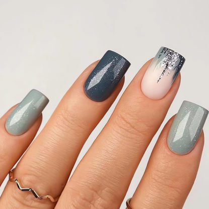 Picture of SINSEN Medium Press on Nails Square Shape Fake Nails Glossy Blue Glue on Nails Winter Nail Art Decorations Cute Medium Square Acrylic Nails Full Cover Stick on Nails Kit, 24Pcs