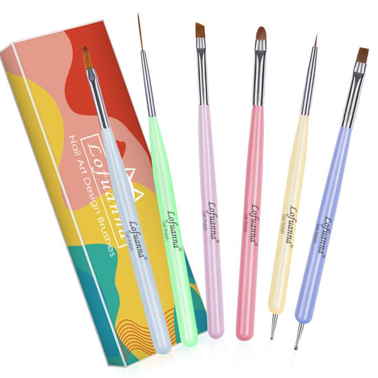 Picture of Nail Art Brushes Set Lofuanna 6Pcs Nail Tips Art Design Tools with Poly Extension Gel Brush, Nail Polish Brush, Carved Brush, Art Liner Brush and Dotting Pen, Acrylic Nail Brushes, Painting Drawing