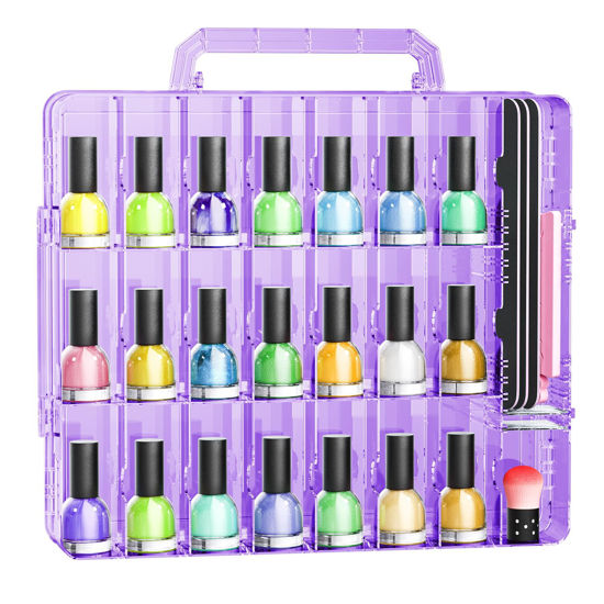 Picture of JIASHENG Nail Polish Organizer Case Holders, 48 Bottles Universal Nail Storage Box for Double Side Adjustable Space Divider for Acrylic Nail Gel Dip Powder Tips Set with Toe Separator, Purple