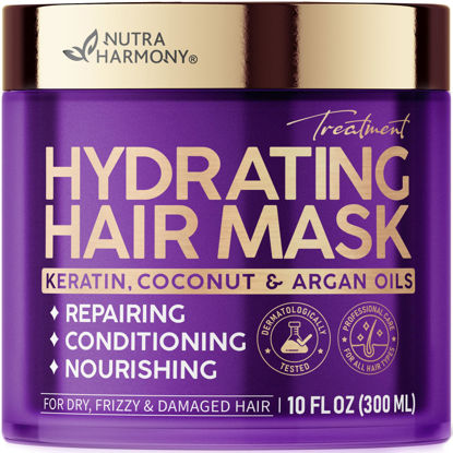 Picture of Hydrating Hair Mask - For Dry Damaged Hair - Moisturizing Keratin Treatment - Argan & Coconut Oil | Biotin | Collagen - Deep Conditioning, Anti Frizz Product for Women - Care for All HairTypes, 10 Oz