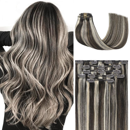 Picture of Clip in Hair Extensions Real Human Hair, Honsoo Real Human Hair Balayage Hair Extensions Dark Brown to Blonde 22inch 70g 7pcs Straight Silky Blonde Hair Extensions For Women Natural Hair