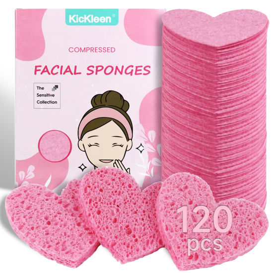 Picture of 120-Count Kickleen Compressed Cellulose Heart Shape Facial Sponges | Natural Cosmetic Spa Sponges for Facial Cleansing | Exfoliating | Makeup Mask Removal | Reusable | Skin Massage (120 Count (Pink))