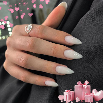 Picture of All White Press on Nails Medium Stiletto Almond,KQueenest Pure Color Acrylic Nails Set Reusable Fake Nails with Feature Protective UV Coating for Women Nail Art Manicure in 24 Pieces