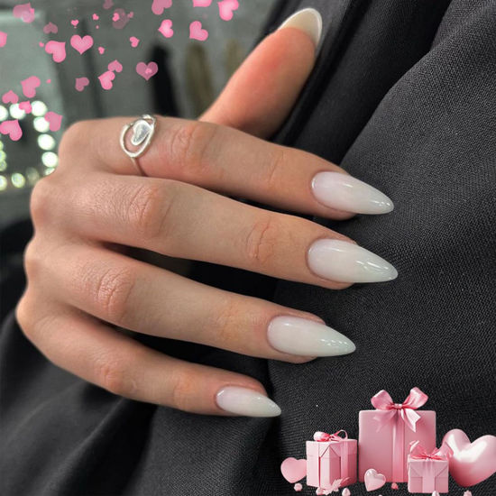 Picture of All White Press on Nails Medium Stiletto Almond,KQueenest Pure Color Acrylic Nails Set Reusable Fake Nails with Feature Protective UV Coating for Women Nail Art Manicure in 24 Pieces