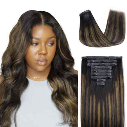 Picture of Lashey Seamless Clip in Hair Extensions Human Hair 150g 9pcs Straight Natural Black Mixed Chestnut Brown Clip in Hair Extensions 20 Inch for Women Hair Extensions with PU Soft Invisi Edge