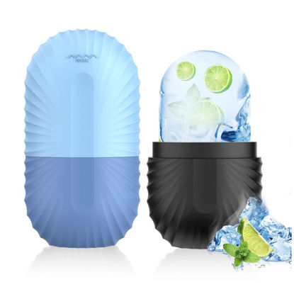 Picture of 2pcs Ice Roller for Face and Eye, Silicone Ice Facial Roller Ice Holder, Face Ice Mold Skin Care, Face Icers Reusable Ice Cube Roller for Shrink Pores Anti Wrinkle Reduce Puffiness, Black Blue