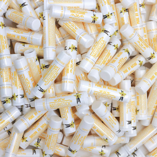 Picture of 150-Pack Lip Balm in Bulk by Naturistick. Vanilla Scent. 100% Natural Ingredients. Best Beeswax Chapstick for Dry, Chapped Lips. Made in USA