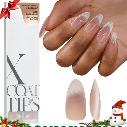 Picture of BTArtboxnails XCOATTIPS Press on Nails - Cat Eye Christmas Press on Nails, French Tip Nails Medium Almond Nail Tips, Soft Gel Nails False Nail, Soak Off Acrylic Fake Nails Extensions