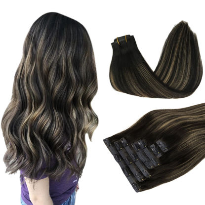 Picture of DOORES Clip in Hair Extensions, 7pcs 18 Inch 110g Balayage Natural Black to Light Blonde, Seamless Human Hair Extensions Seamless Clip Remy Hair Straight Hair Extensions Invisi Edge Hair Extensions
