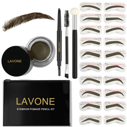 Picture of LAVONE Eyebrow Stamp Stencil Kit for Eyebrows, Brow Stamp Trio Kit with Waterproof Eyebrow Pencil, Eyebrow Pomade, 20 Eyebrow Stencils, Dual-ended Eyebrow Brush and Sponge Applicator - Ebony