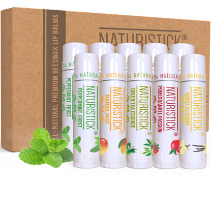 Picture of 10-Pack Lip Balm Gift Set by Naturistick. Assorted Scents. 100% Natural Ingredients. Best Beeswax Chapsticks for Dry, Chapped Lips. Made in USA for Men, Women and Children