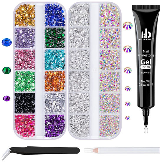 Picture of BELLEBOOST Nail Art Rhinestone Glue Gel&2 Boxes Flatback Gems Kit, 1 Tube of 15ml Rhinestone Gel Glue+Colorful Gems+Flat Back Round Glass Crystal AB&Clear Gemstones with Pickup Tools